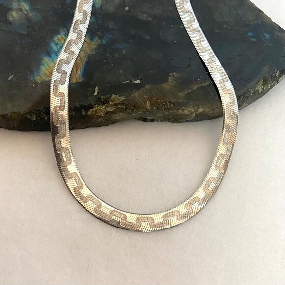 Sterling Silver 925 Italy Geometric Greek Key 6MM Herringbone Chain Necklace 16" - Picture 2 of 15